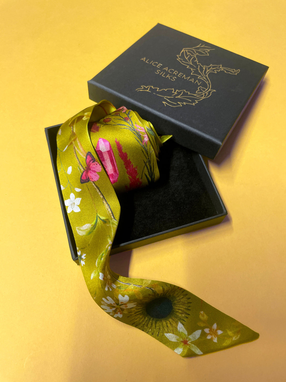 Ochre yellow Silk satin 'Helios' Ultra Skinny silk scarf with mushrooms and sunflowers