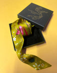 Ochre yellow Silk satin 'Helios' Ultra Skinny silk scarf with mushrooms and sunflowers