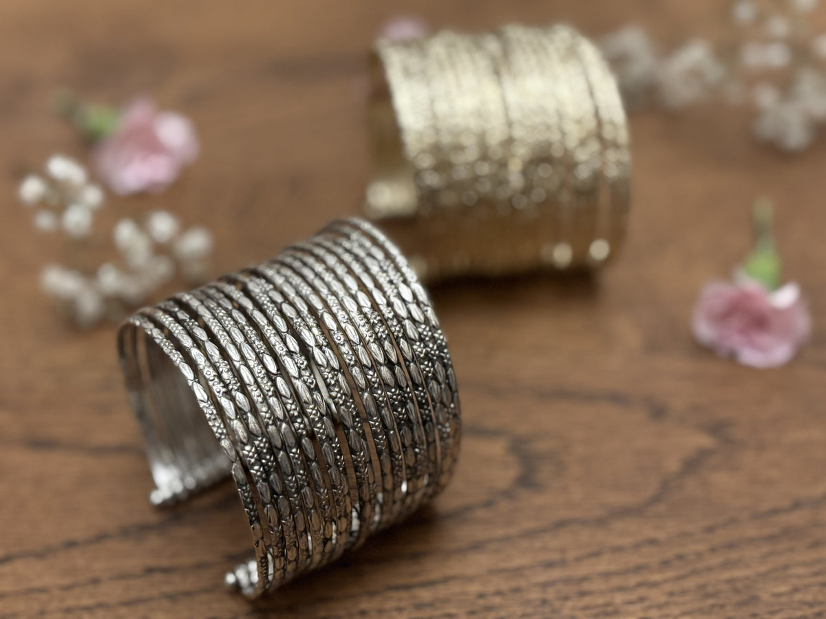 Hammered Gold/Silver Finish Stack Cuff – Adjustable Brass Bangles Set.