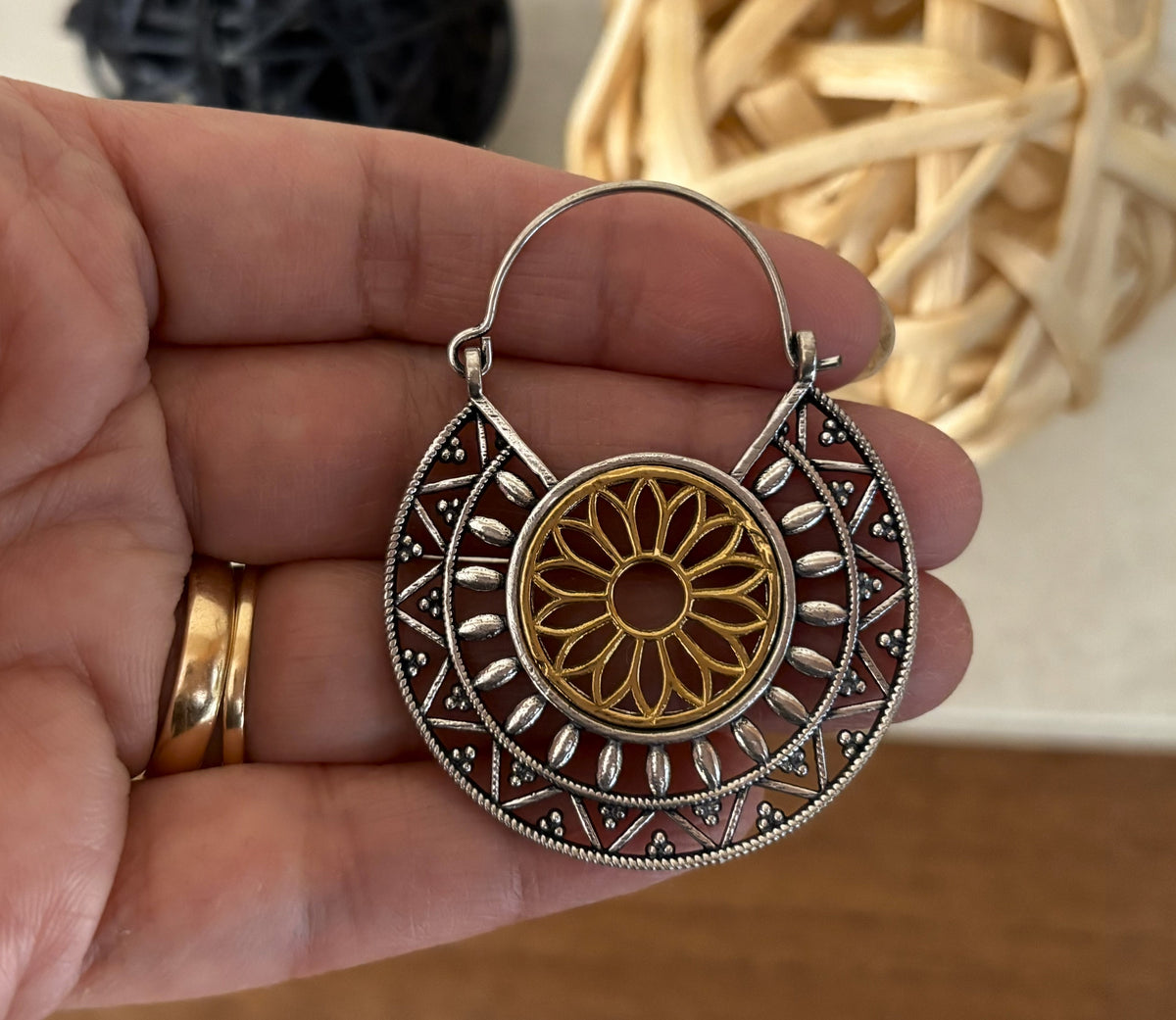 Dual Tone Mandala Brass Earrings – Boho Geometric Statement Earrings