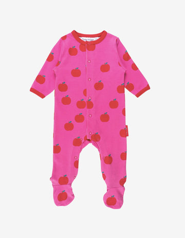 Organic Cotton Baby Sleepsuit with Apple Print, Pink and Red, Snug Fit, Front Snap Buttons, GOTS Certified, Eco-Friendly Dyes by Toby Tiger at brixbailey.com