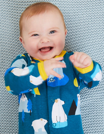 Premium blue Arctic animal sleepsuit with penguins, walruses, polar bears, icebergs, and mountains, soft organic cotton, snap closure, footed pajamas by Toby Tiger at brixbailey.com