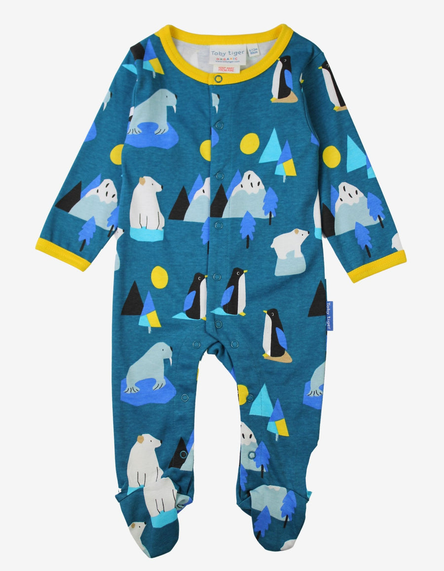 Premium baby blue penguin pajamas with arctic animals, cozy organic cotton sleepsuit, stylish yellow trim, snap buttons by Toby Tiger at brixbailey.com