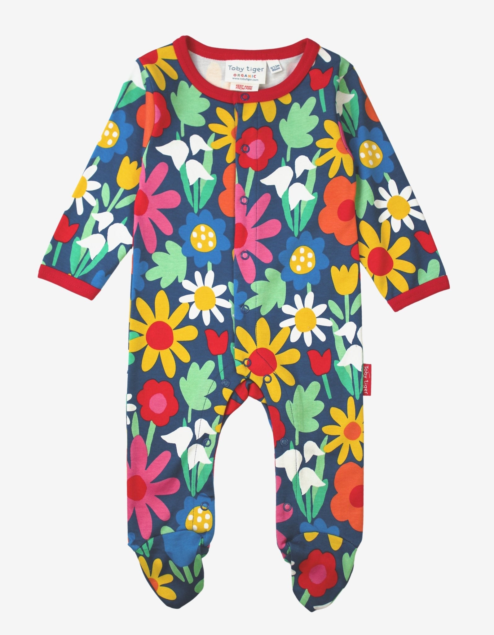 Premium Dark Blue Floral One-Piece with Snowdrops, Daisies, and Tulips - Soft Organic Cotton Baby Romper with Snap Buttons by Toby Tiger at brixbailey.com