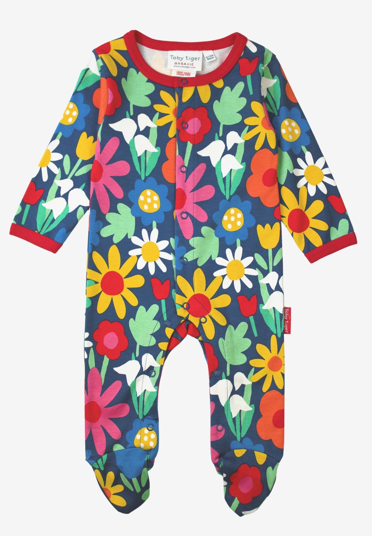Premium Dark Blue Floral Print Baby Onesie with Snowdrops, Daisies, and Tulps - Soft Organic Cotton, Snap Buttons, Cozy Feet by Toby Tiger at brixbailey.com