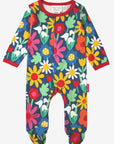 Premium Dark Blue Floral Print Baby Onesie with Snowdrops, Daisies, and Tulps - Soft Organic Cotton, Snap Buttons, Cozy Feet by Toby Tiger at brixbailey.com