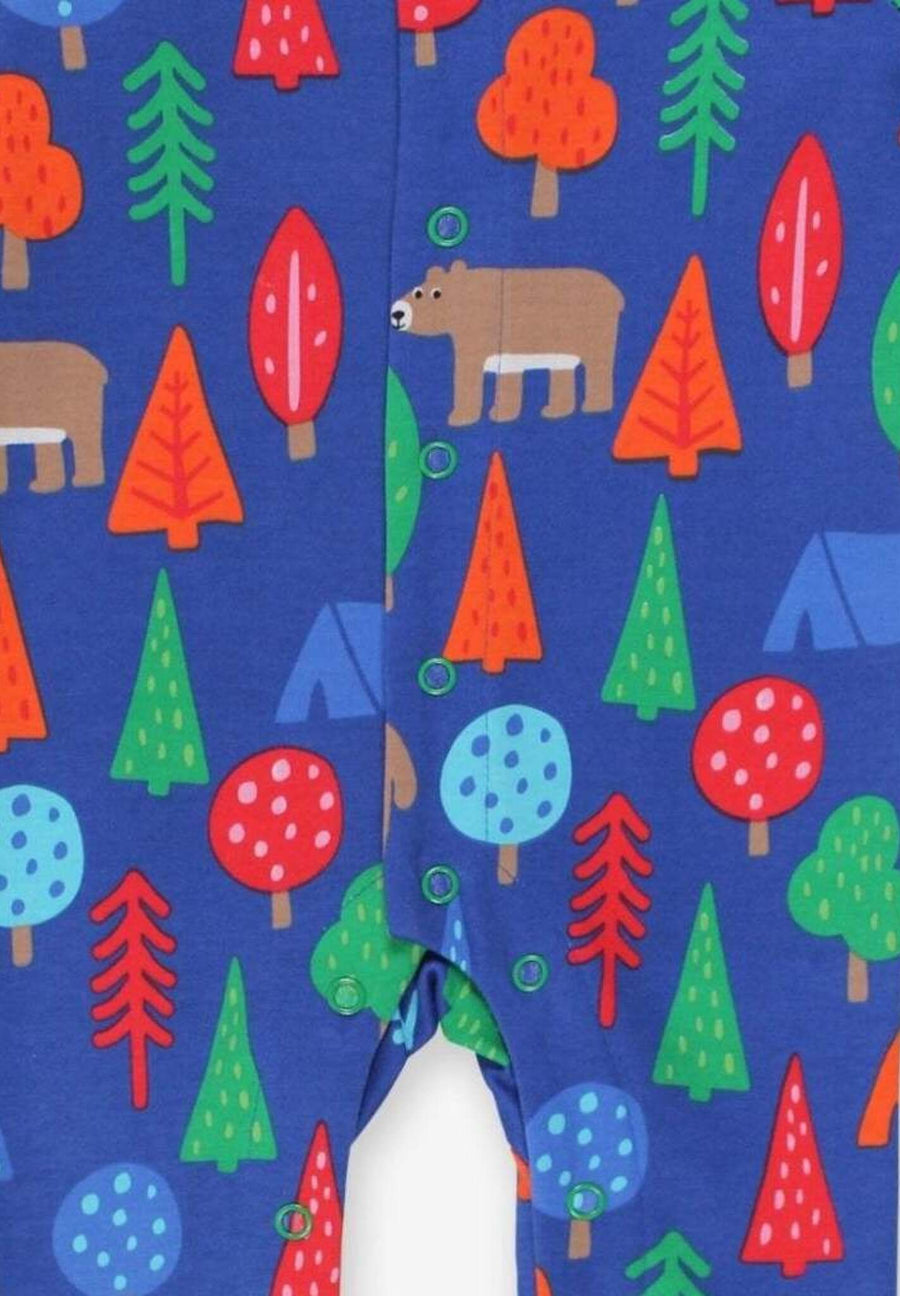 Premium organic cotton pajamas with camping bear print, soft GOTS-certified fabric, slip-on neckline, snap buttons, stylish and comfortable by Toby Tiger at brixbailey.com