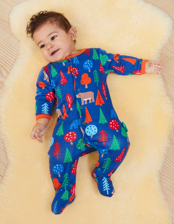Premium organic cotton pajamas with camping bear print, soft GOTS-certified fabric, slip-on neckline, snap buttons, stylish Toby Tiger design by Toby Tiger at brixbailey.com