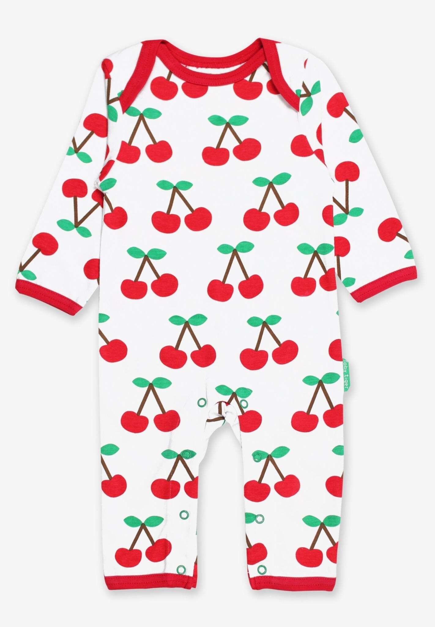 Premium organic cotton pajamas with cherry print, stylish red trim, slip-on neckline, snap buttons, soft GOTS-certified fabric by Toby Tiger at brixbailey.com