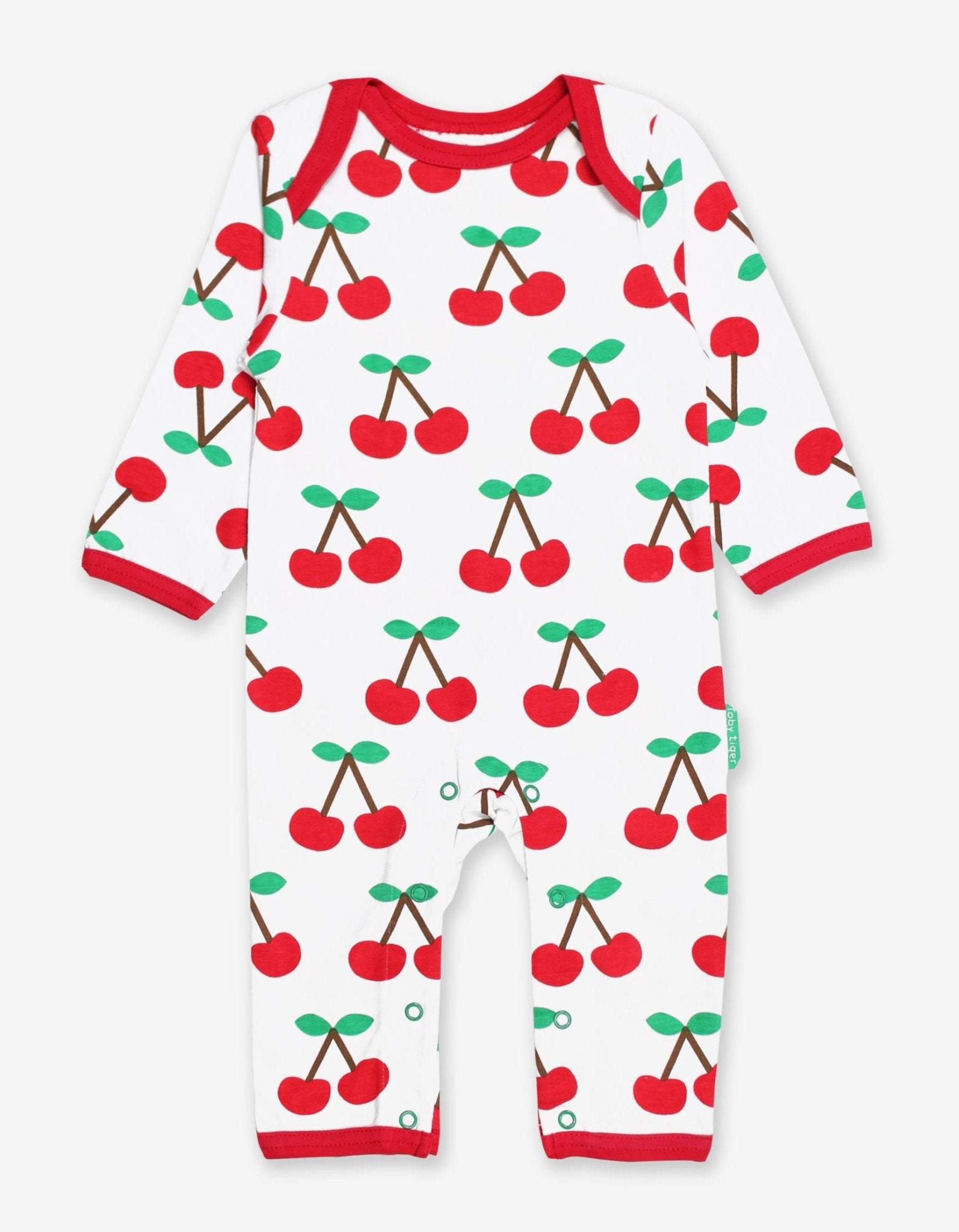 Premium organic cotton pajamas with cherry print, stylish red trim, slip-on design, soft certified fabric, Toby Tiger exclusive by Toby Tiger at brixbailey.com