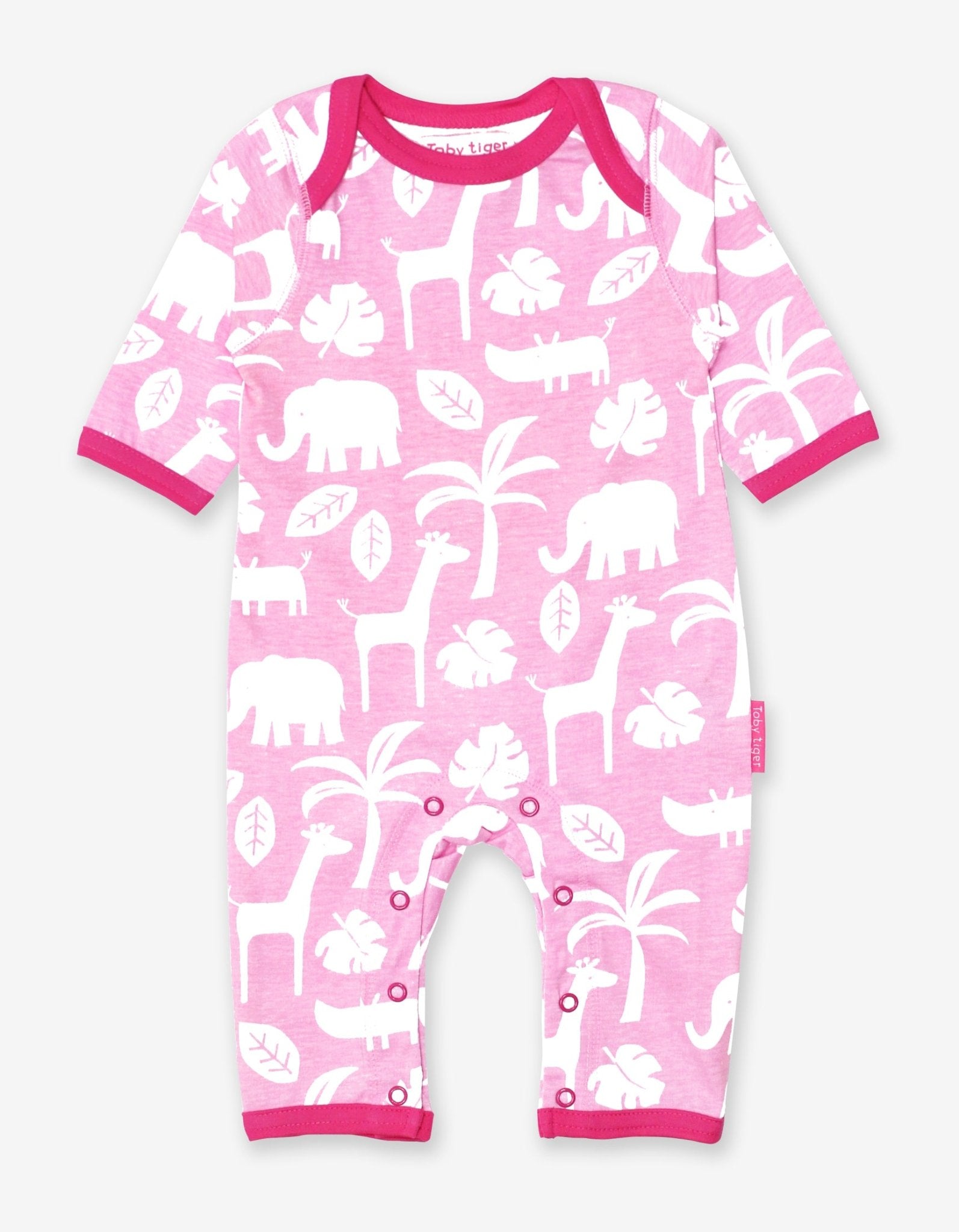 Premium Pink and White Jungle Print Baby Sleepsuit - Soft Organic Cotton with Snap Buttons and Slip Neck by Toby Tiger at brixbailey.com