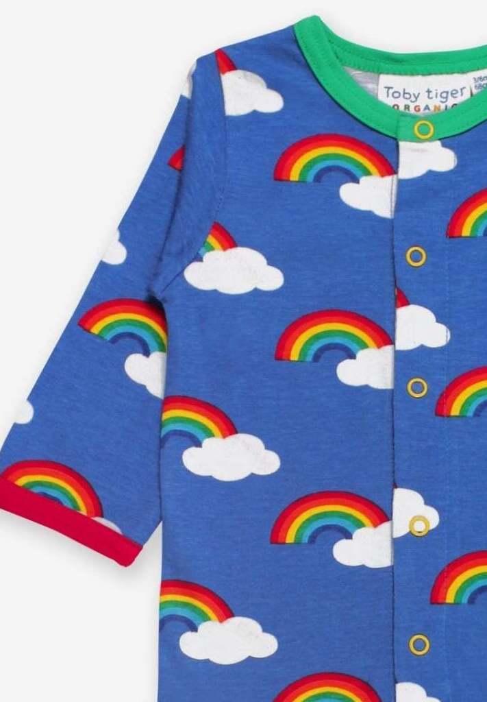 Rainbow Print Organic Cotton Baby Jumpsuit with Feet, Snaps, and Eco-Friendly Dye - Soft and Stylish Sleepwear by Toby Tiger at brixbailey.com