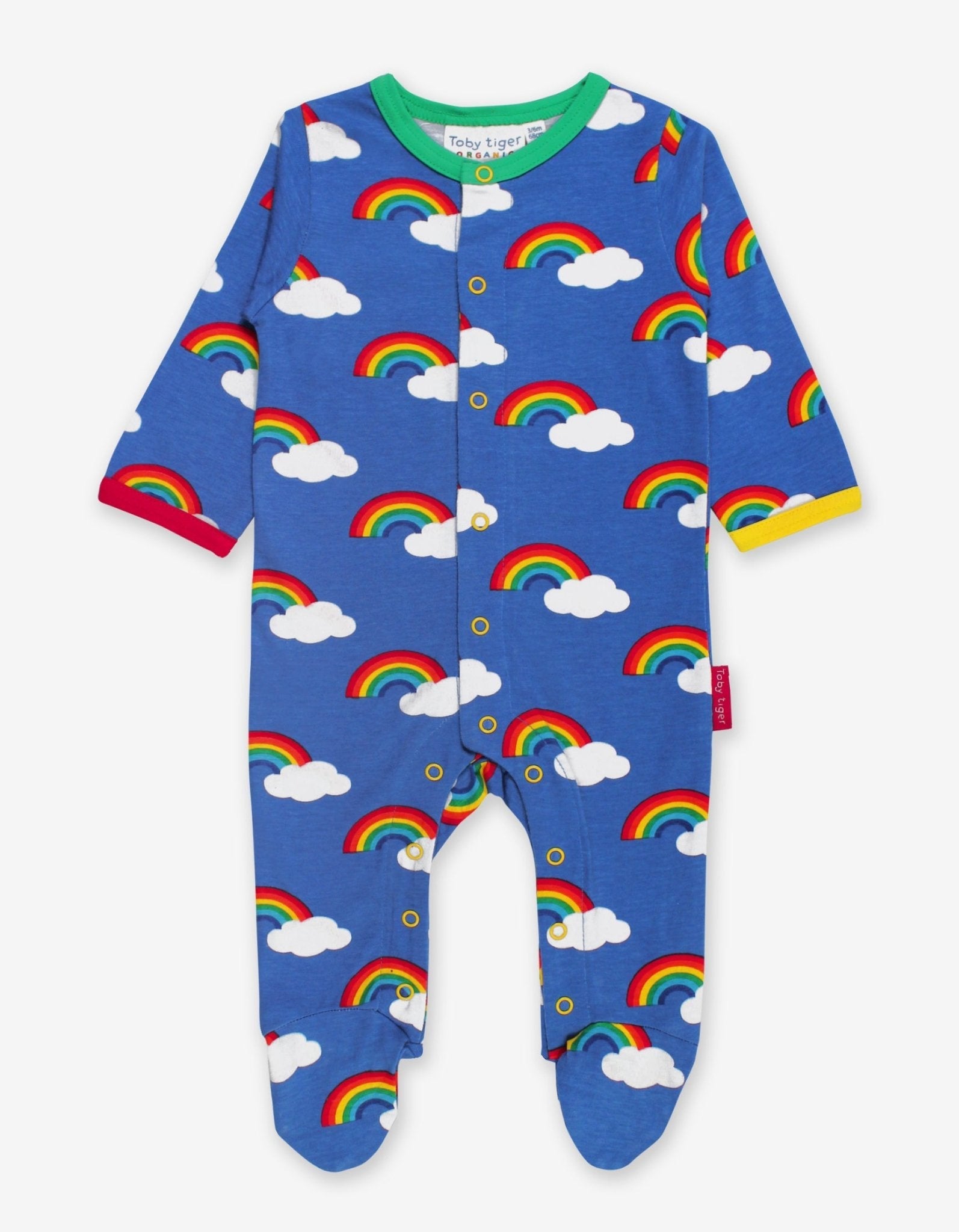Rainbow Print Organic Cotton Baby Romper with Feet for Easy Diaper Changes by Toby Tiger at brixbailey.com