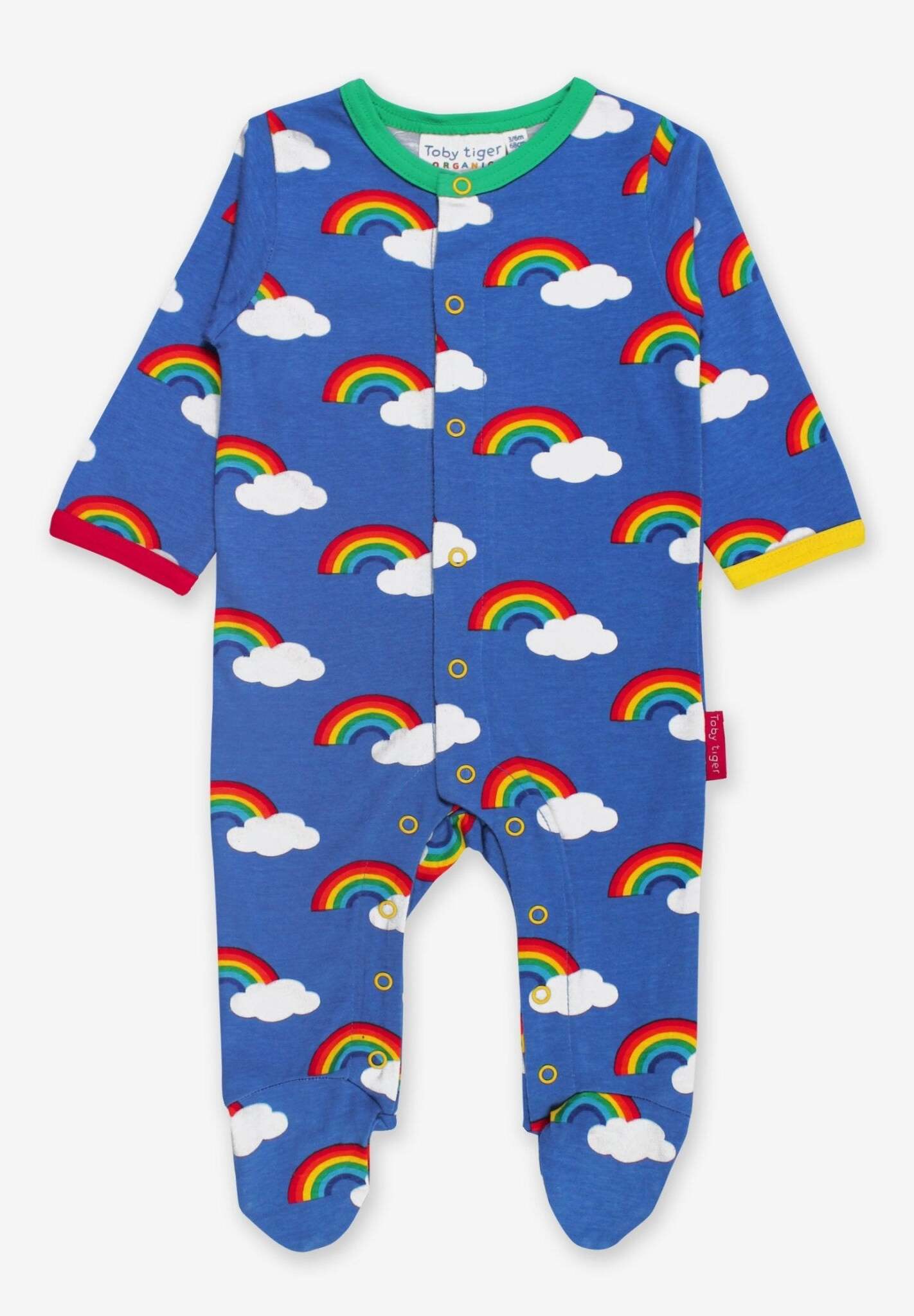 Rainbow Print Organic Cotton Baby Romper with Snap Buttons and Feet for Easy Diaper Changes by Toby Tiger at brixbailey.com