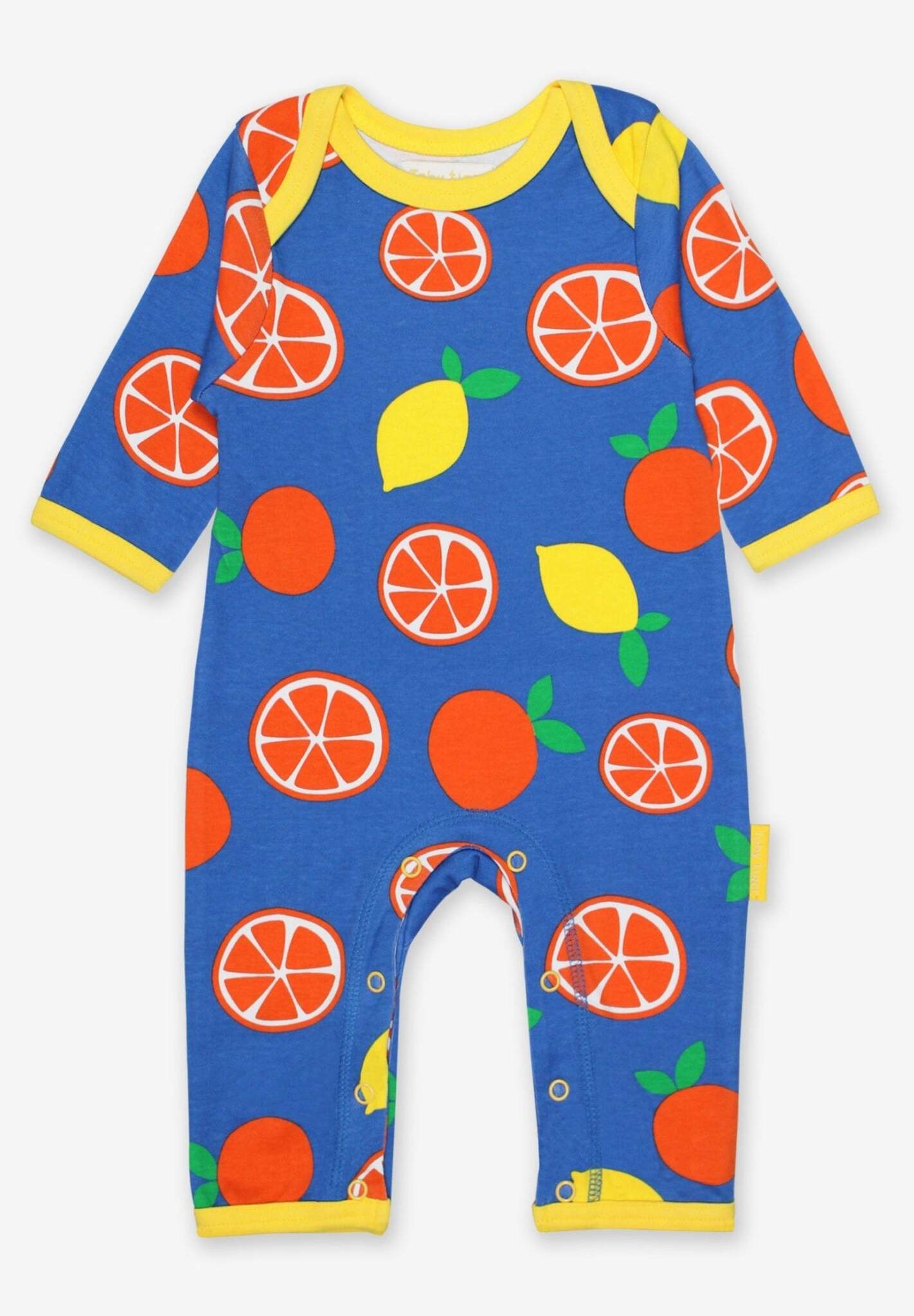 Premium organic cotton pajama set with citrus print, soft GOTS-certified fabric, slip-on neckline, snap buttons, stylish Toby Tiger design by Toby Tiger at brixbailey.com
