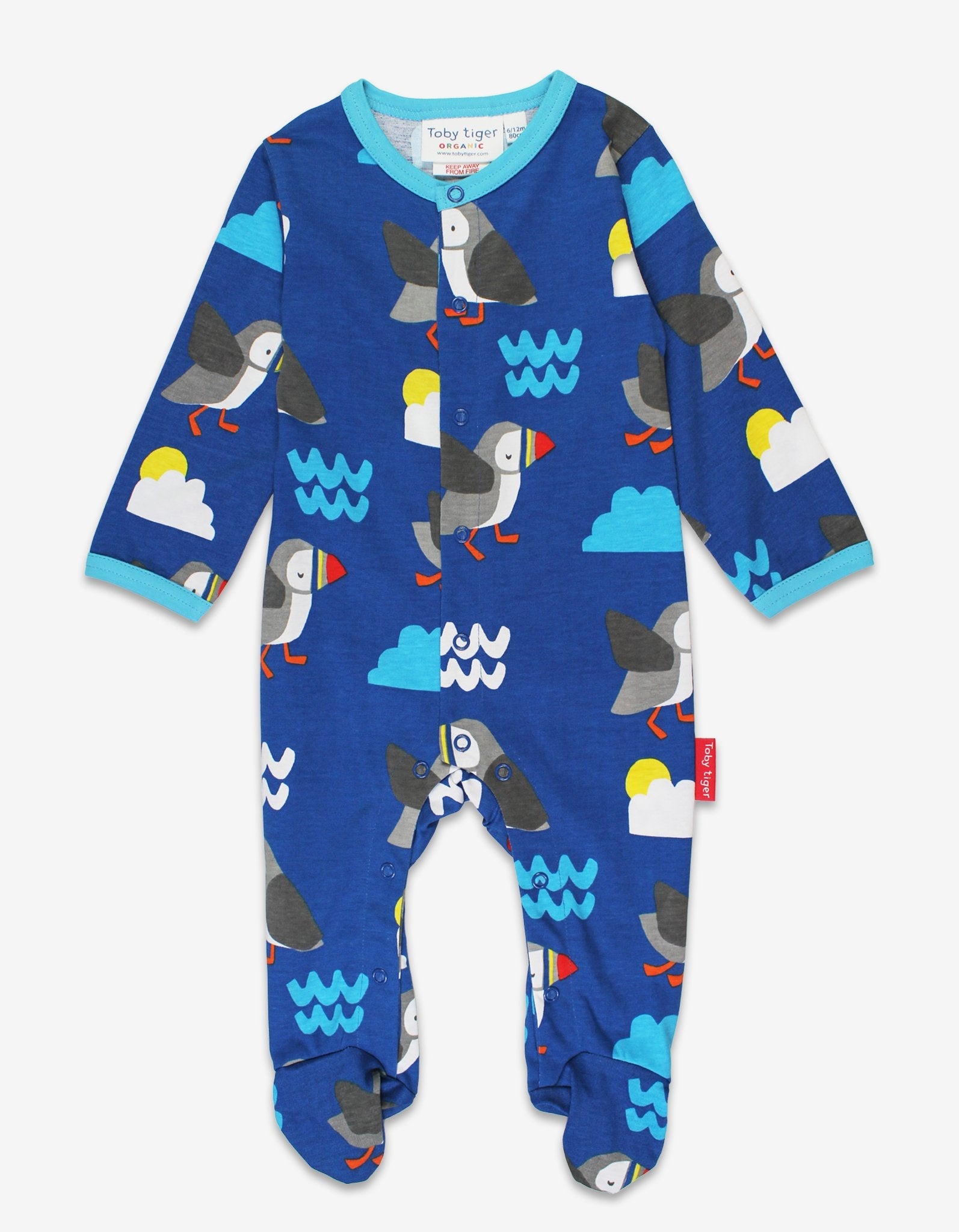 Adorable Organic Kids Pajamas with Toby Tiger Sun and Waves Print, GOTS Certified Cotton, Easy Snap Closure by Toby Tiger at brixbailey.com