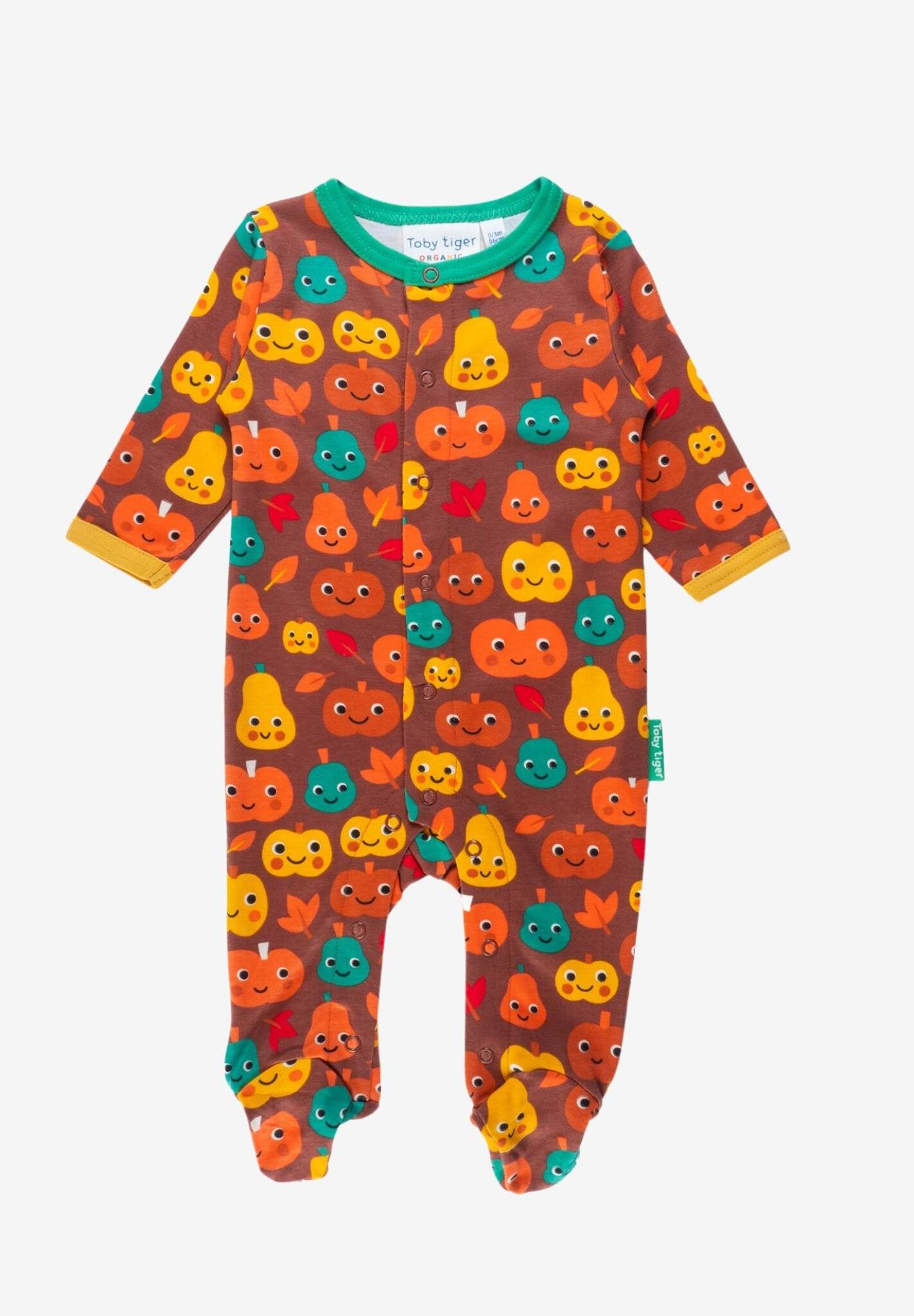 Premium organic cotton baby sleep suit with pumpkin print, cozy footed pajamas, autumn-themed design, best-selling eco-friendly kids pajamas by Toby Tiger at brixbailey.com