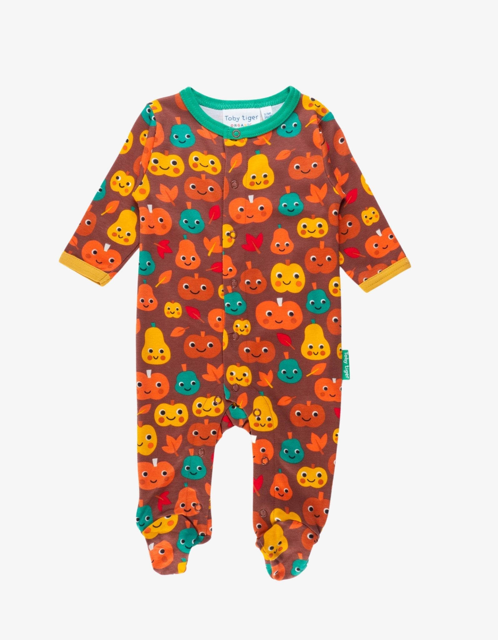 Premium organic cotton pumpkin print baby sleepsuit with footies, autumn-themed cozy one-piece pajama, snap front closure, GOTS certified by Toby Tiger at brixbailey.com