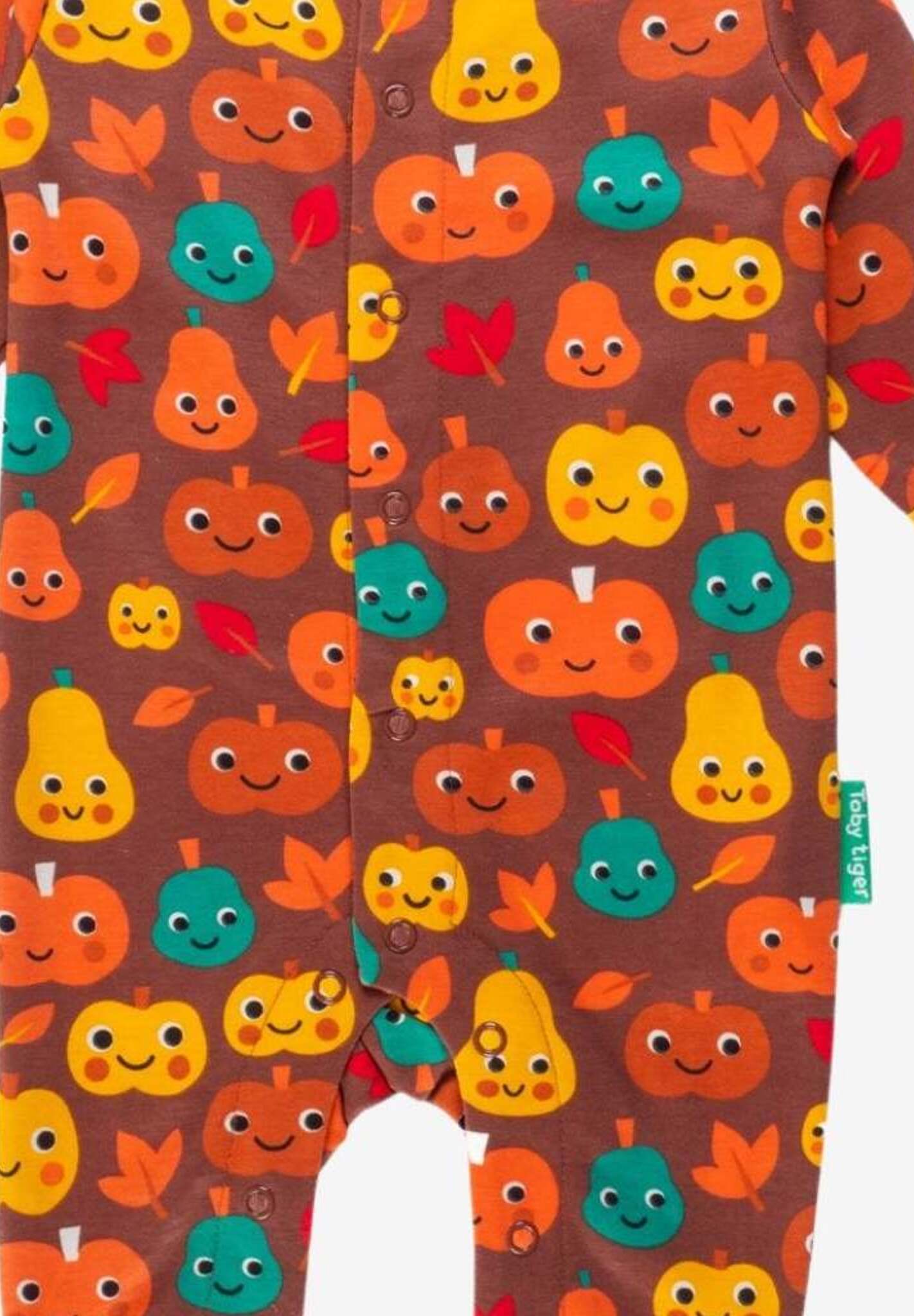 Premium organic cotton pumpkin print baby sleep suit, cozy footed pajamas with snap buttons, autumn-themed GOTS certified by Toby Tiger at brixbailey.com