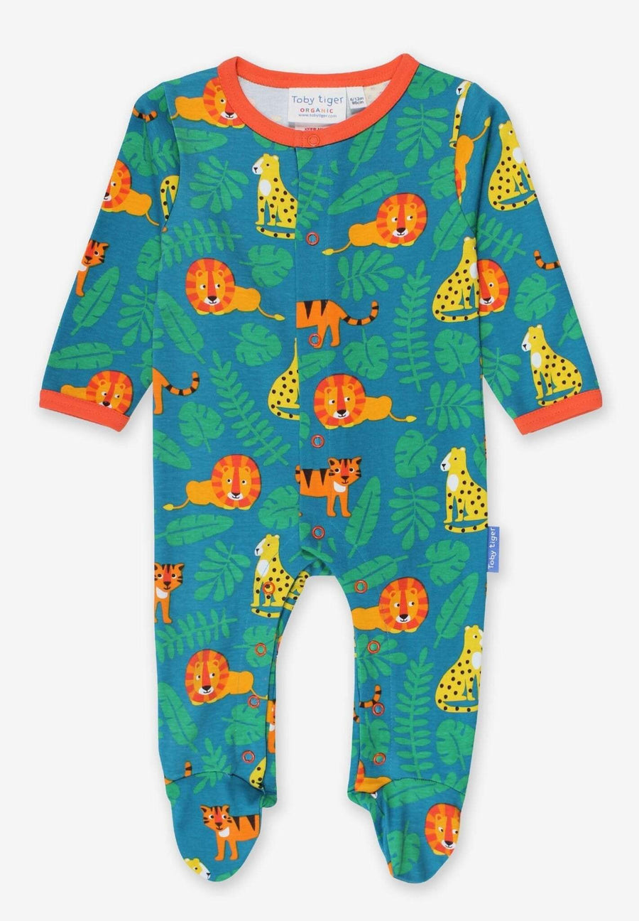 Premium baby sleepwear with lion print, 100% organic cotton, soft and comfortable, fully buttoned for easy diaper changes, eco-friendly dyes by Toby Tiger at brixbailey.com