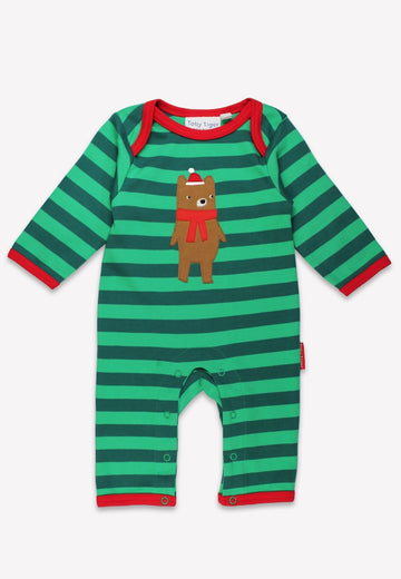 Premium organic cotton baby romper with Christmas bear applique, festive striped footed pajamas, soft GOTS certified sleepwear by Toby Tiger at brixbailey.com