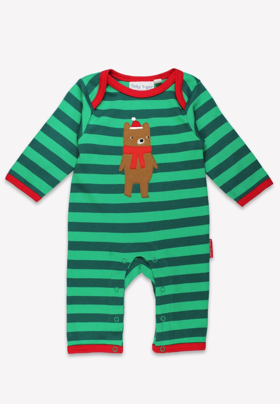 Premium organic cotton baby romper with Christmas bear applique, festive striped footed pajamas, soft GOTS certified sleepwear by Toby Tiger at brixbailey.com