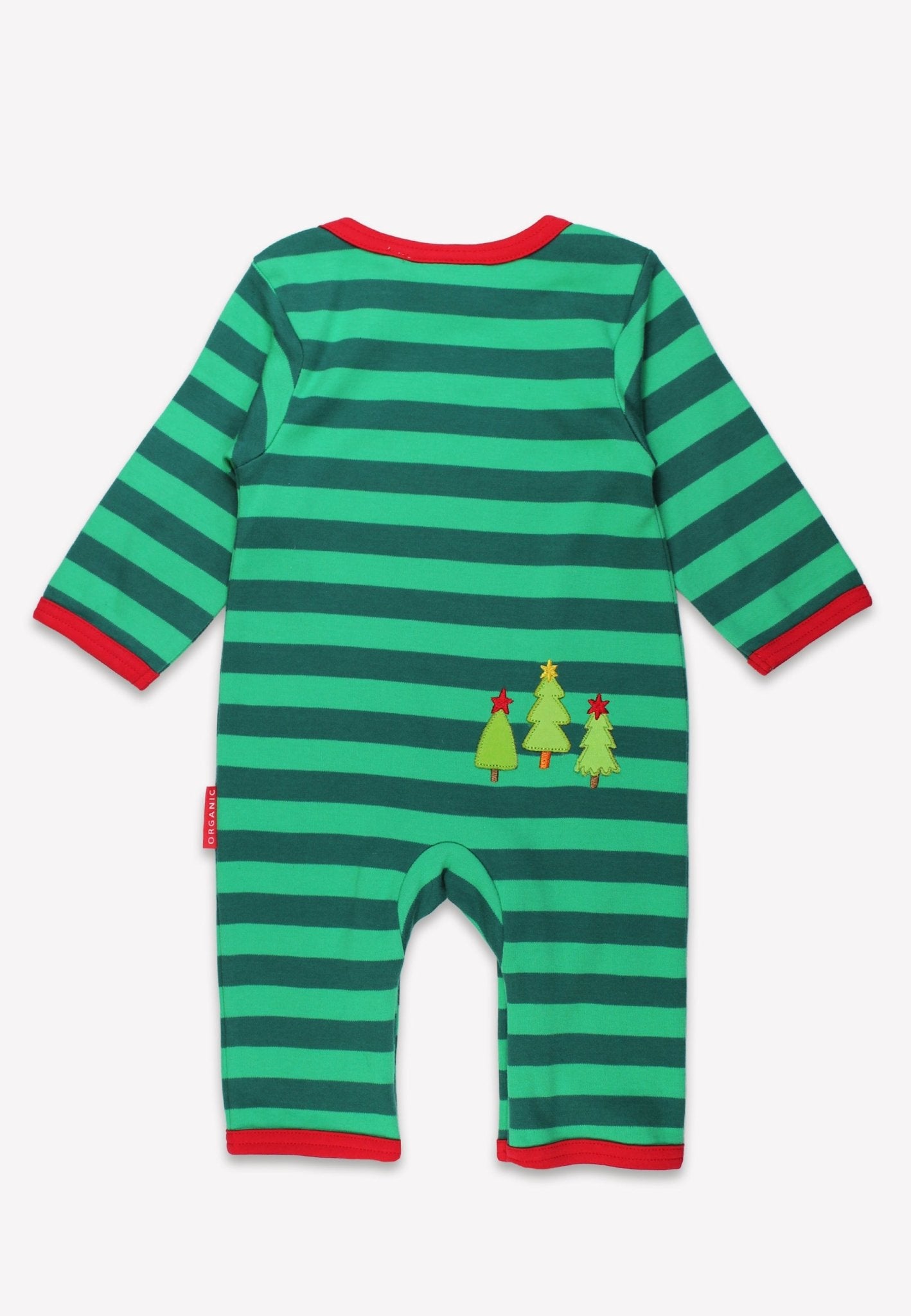 Premium organic cotton baby Christmas romper with bear applique, festive striped green and red, ultra-soft footed pajamas, GOTS certified by Toby Tiger at brixbailey.com
