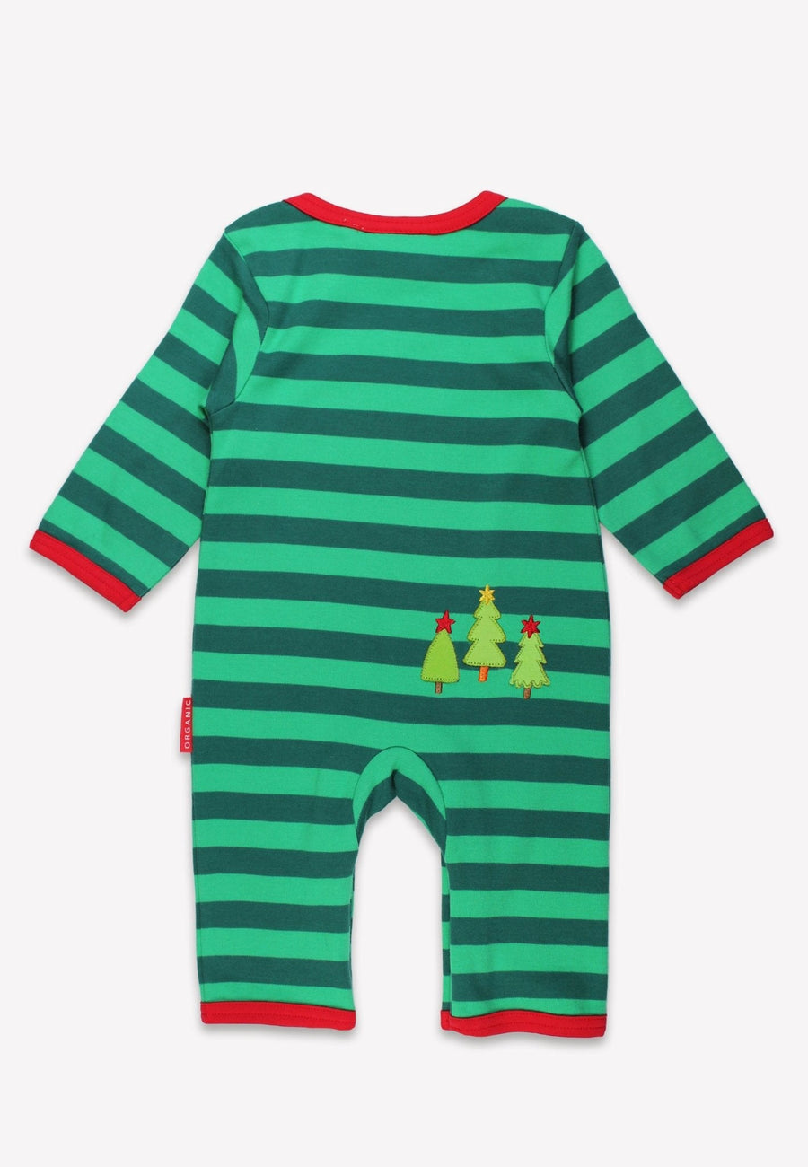 Premium organic cotton baby Christmas romper with bear applique, festive striped green and red, ultra-soft footed pajamas, GOTS certified by Toby Tiger at brixbailey.com