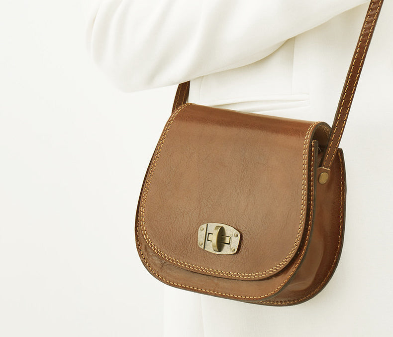 Tan Leather Turn Lock Saddle Bag
