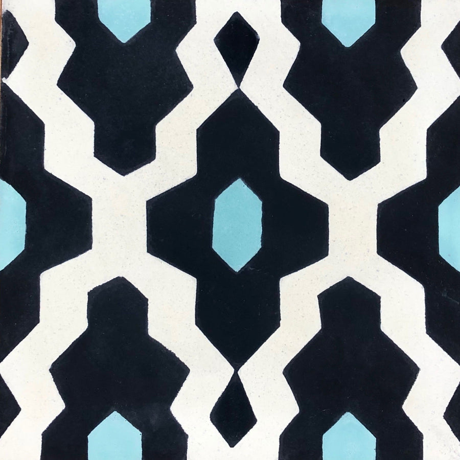 Luxury Moroccan cement tiles, blue yellow cream geometric pattern, premium handcrafted floor and wall tiles, trending exotic home decor by Maria Starling Design at brixbailey.com