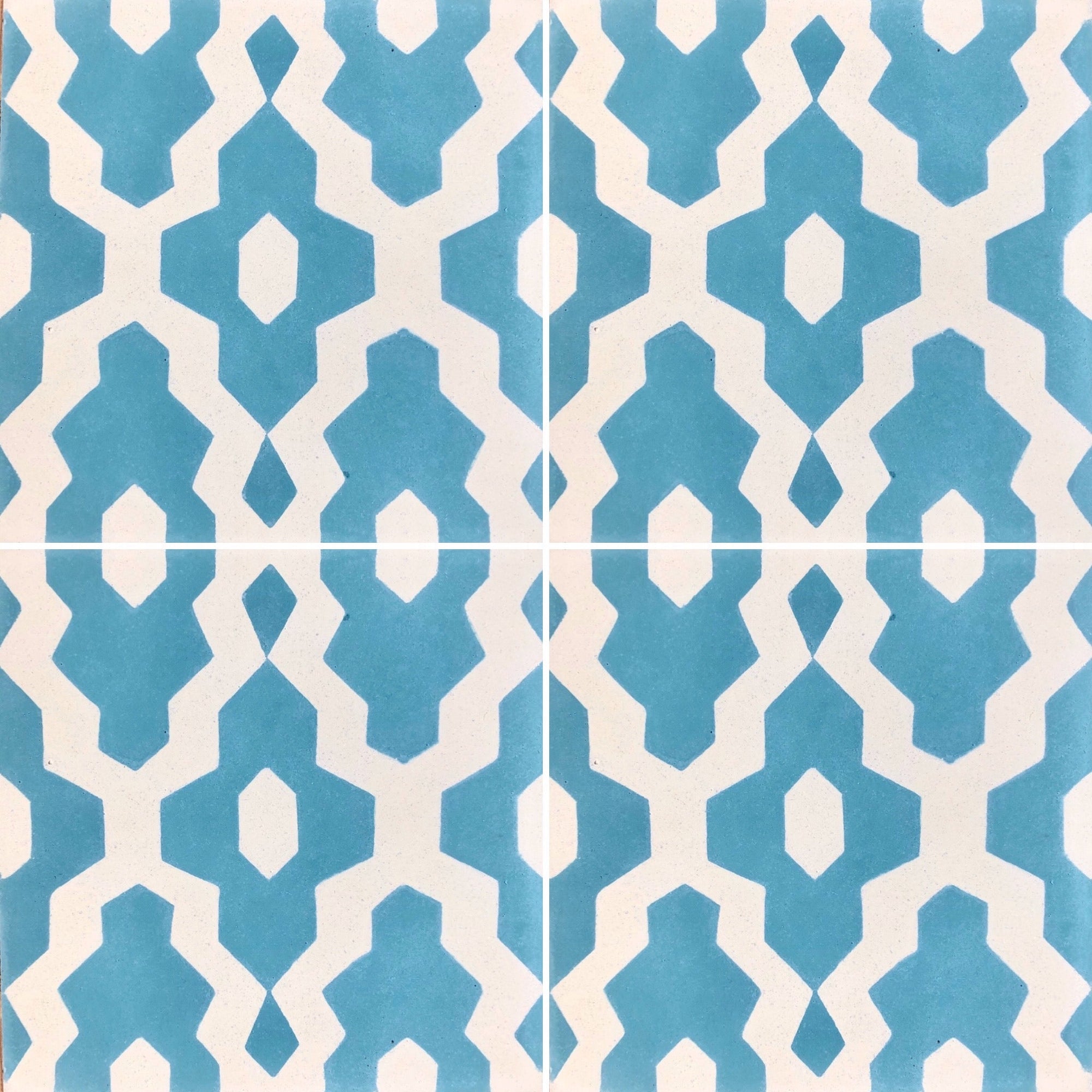 Moroccan cement tiles, luxury handcrafted Souk pattern in turquoise, premium bathroom and kitchen tiles, trending exotic design by Maria Starling Design at brixbailey.com