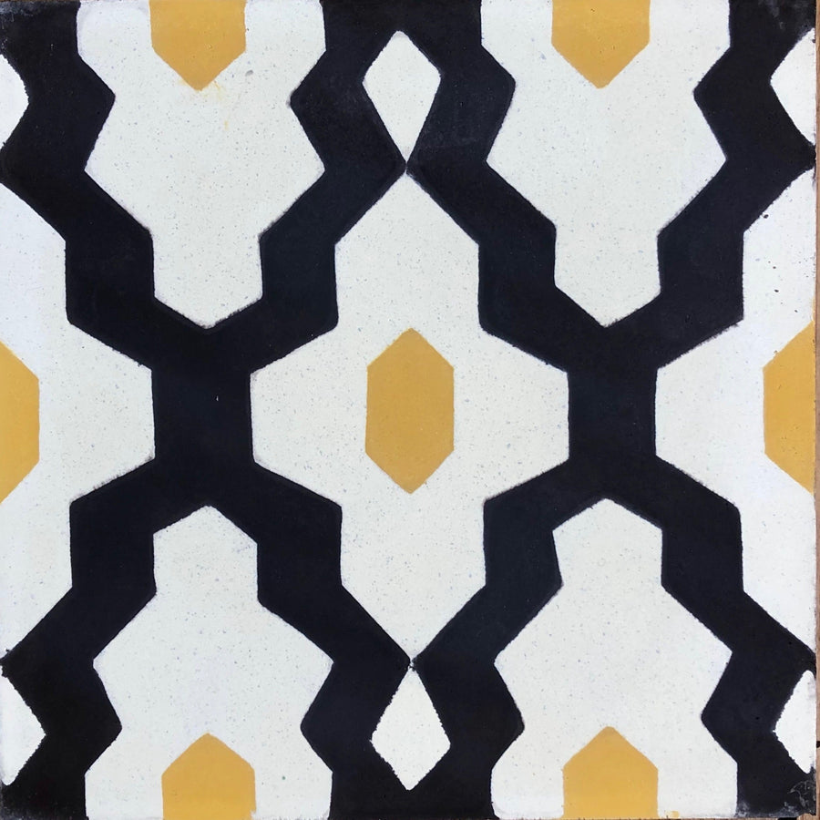 Luxury Moroccan cement tiles, blue yellow cream geometric pattern, premium handcrafted floor and wall tiles, best-selling SOUK design by Maria Starling Design at brixbailey.com