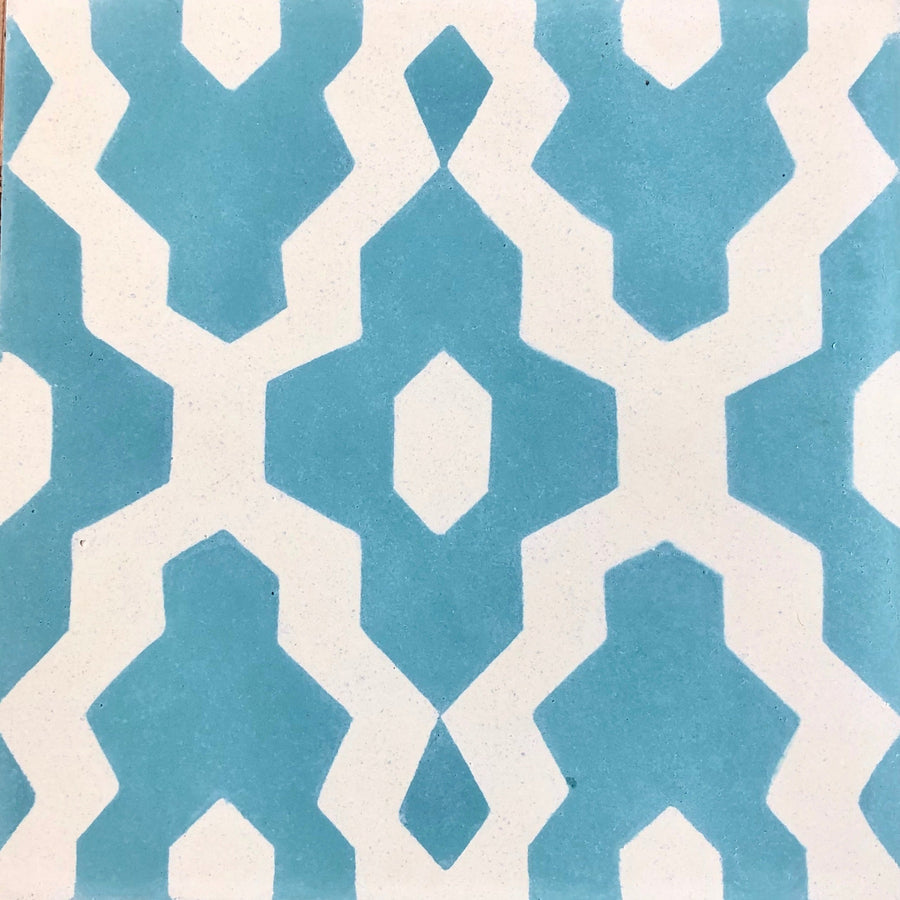 Luxury Moroccan cement tiles, blue yellow cream geometric pattern, handcrafted premium floor and wall tiles, stylish bathroom kitchen decor by Maria Starling Design at brixbailey.com