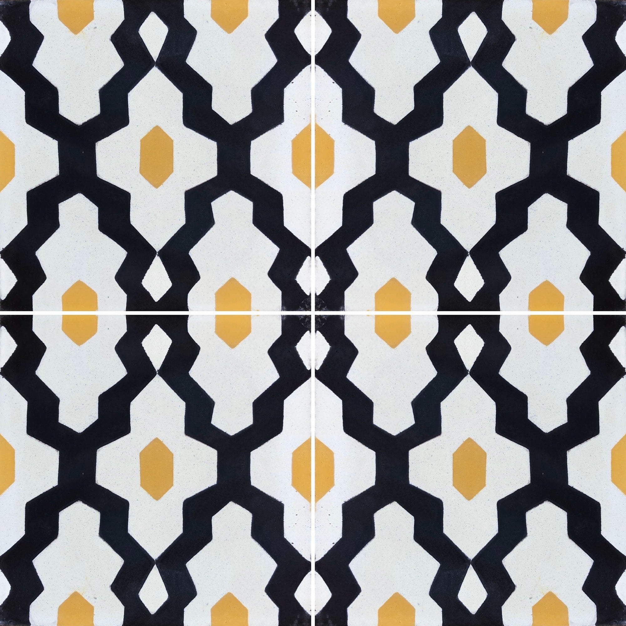 Luxury Moroccan cement tiles, blue yellow cream geometric pattern, handcrafted premium floor and wall tiles, best-selling exotic design by Maria Starling Design at brixbailey.com