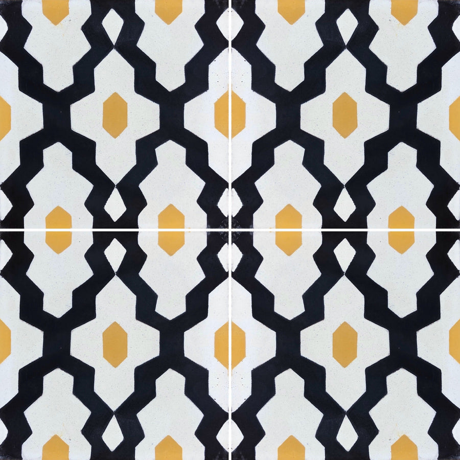 Luxury Moroccan cement tiles, blue yellow cream geometric pattern, handcrafted premium floor and wall tiles, best-selling exotic design by Maria Starling Design at brixbailey.com