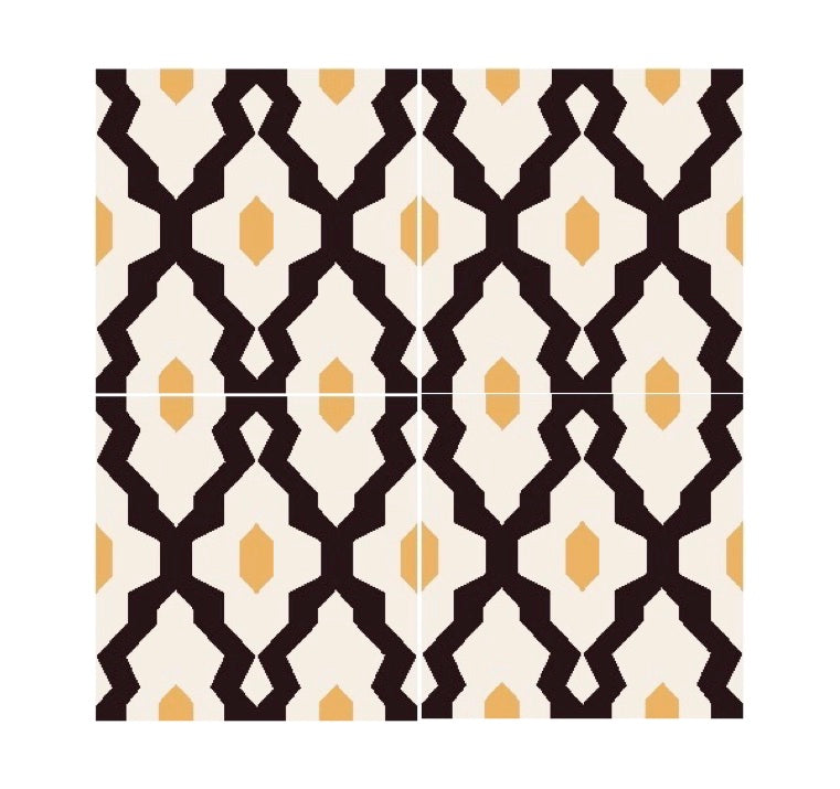 Premium Moroccan cement tiles, vibrant yellow and black bathroom kitchen tiles, handcrafted authentic Souk pattern, luxury high-traffic flooring by Maria Starling Design at brixbailey.com
