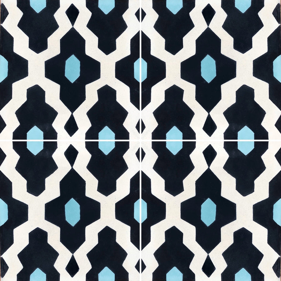 Luxury Moroccan cement tiles, blue yellow cream pattern, handcrafted SOUK design, premium floor and wall tiles, trending exotic decor by Maria Starling Design at brixbailey.com