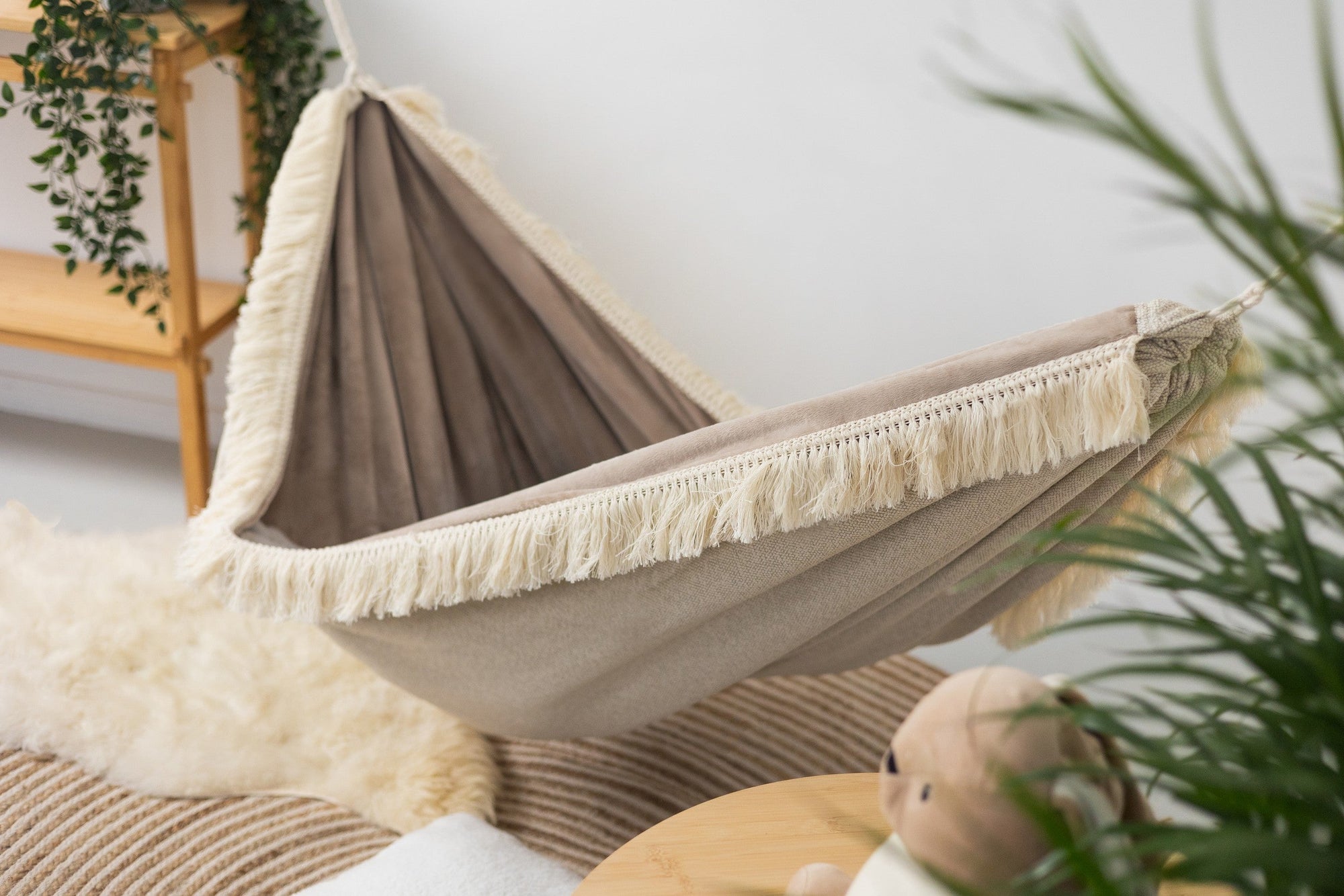 Feather Dream Hammock for Kids - Cozy &amp; Safe Handmade Retreat with Magical Fringes and Soft Beige Fabric by Sówka at www.brixbailey.com