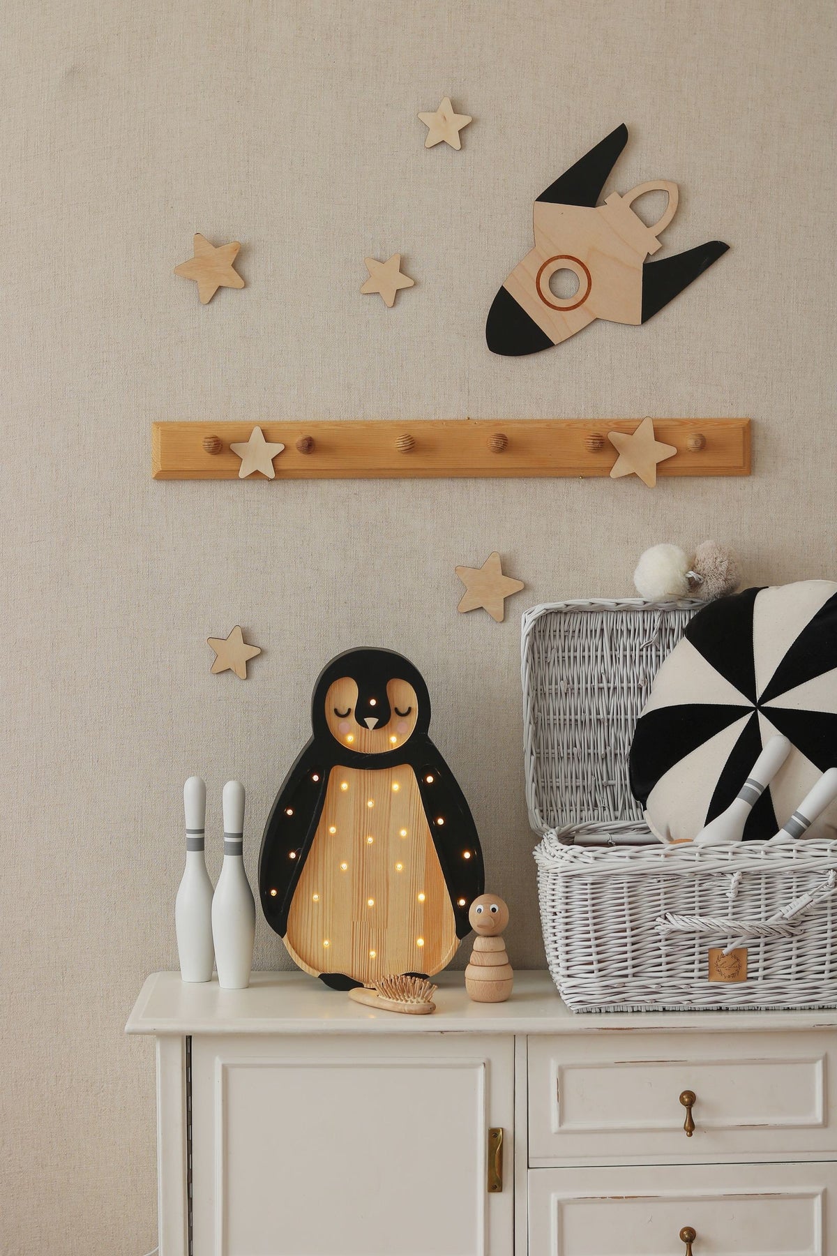Wooden Wall Decoration - Moon, Saturn, Rocket &amp; 10 Stars