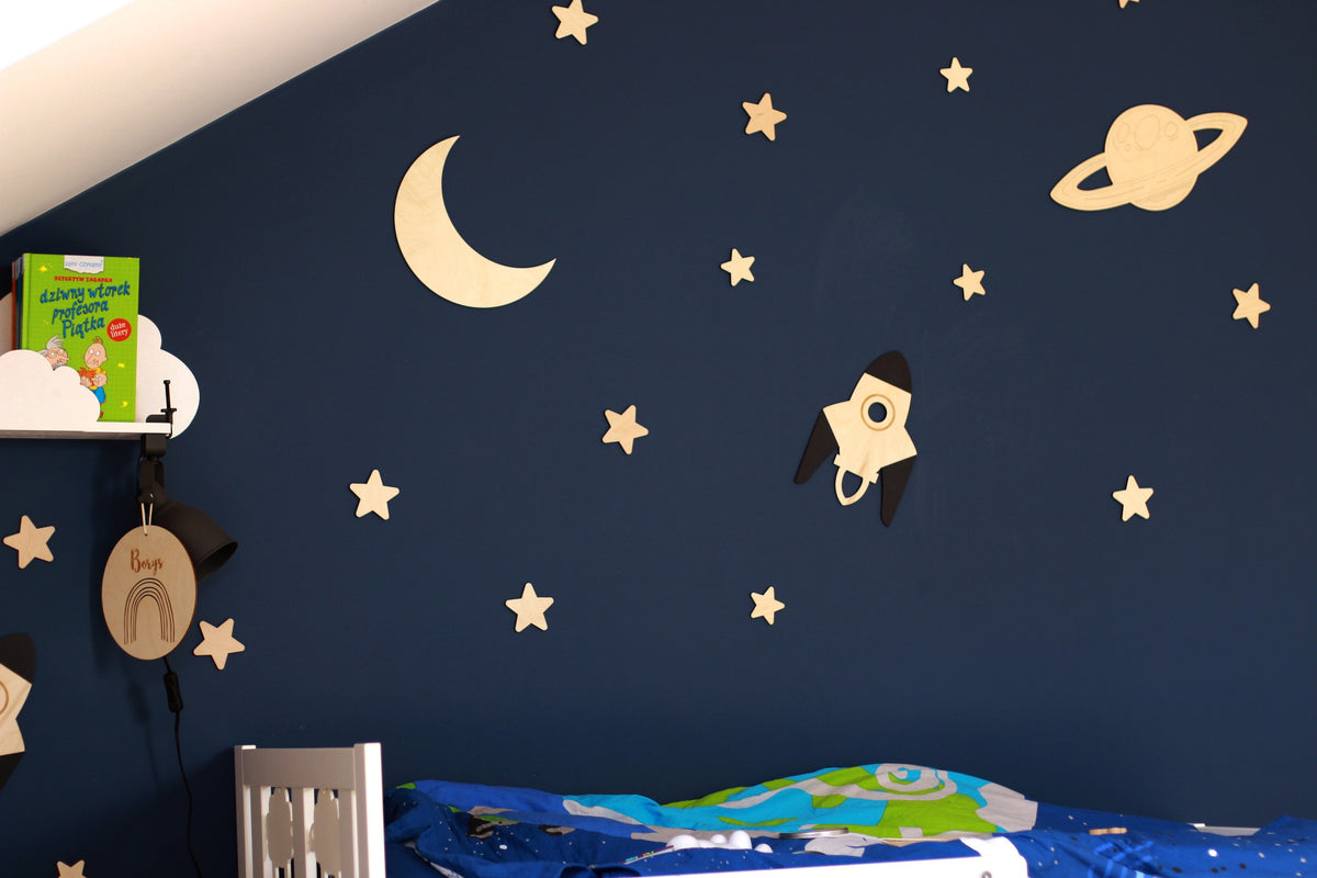 Wooden Wall Decoration - Moon, Saturn, Rocket &amp; 10 Stars