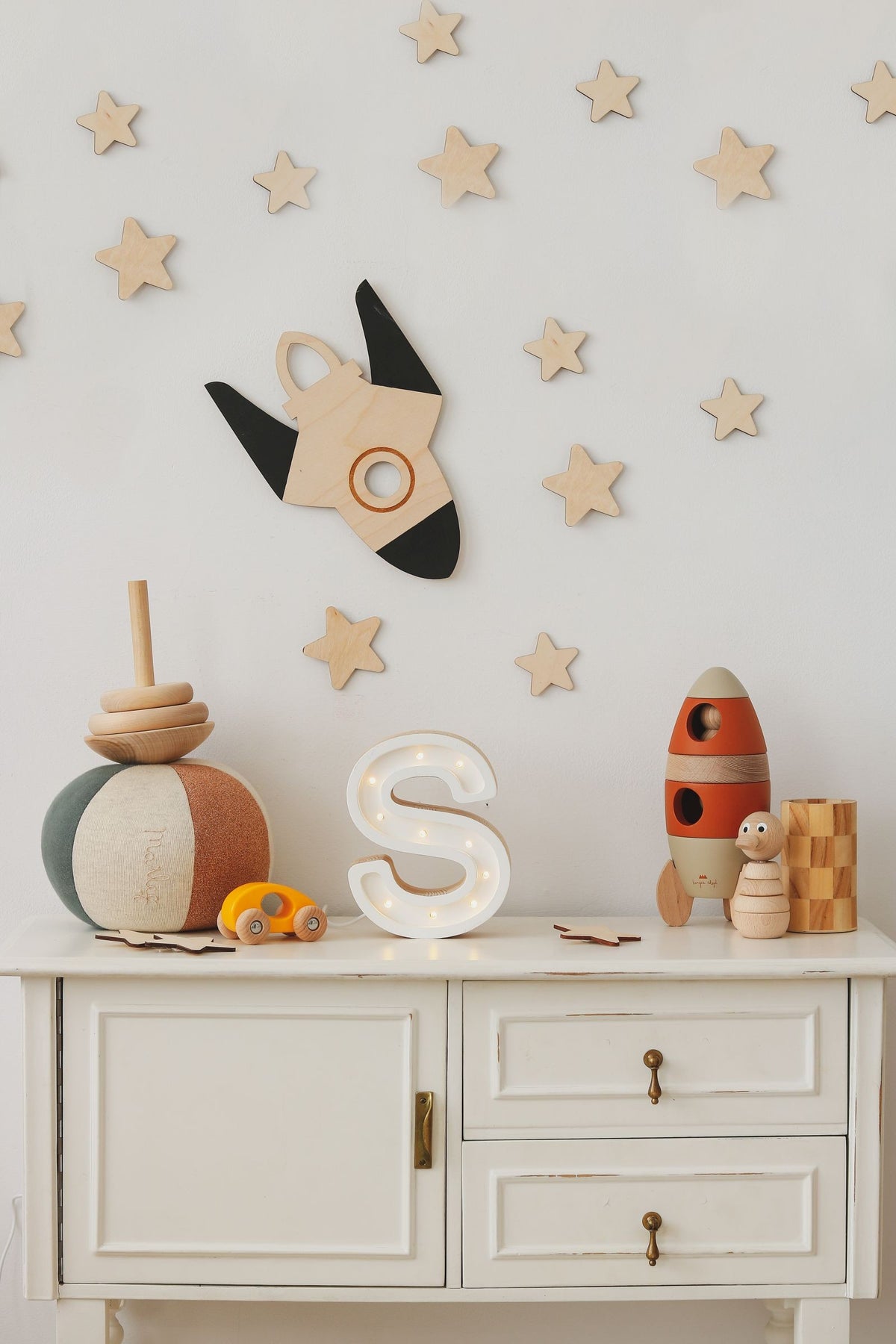 Wooden Wall Decoration - Moon, Saturn, Rocket &amp; 10 Stars