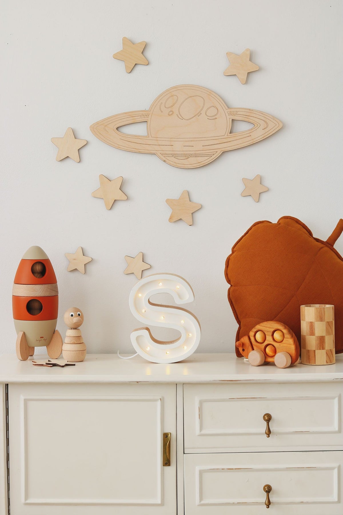 Wooden Wall Decoration - Moon, Saturn, Rocket &amp; 10 Stars