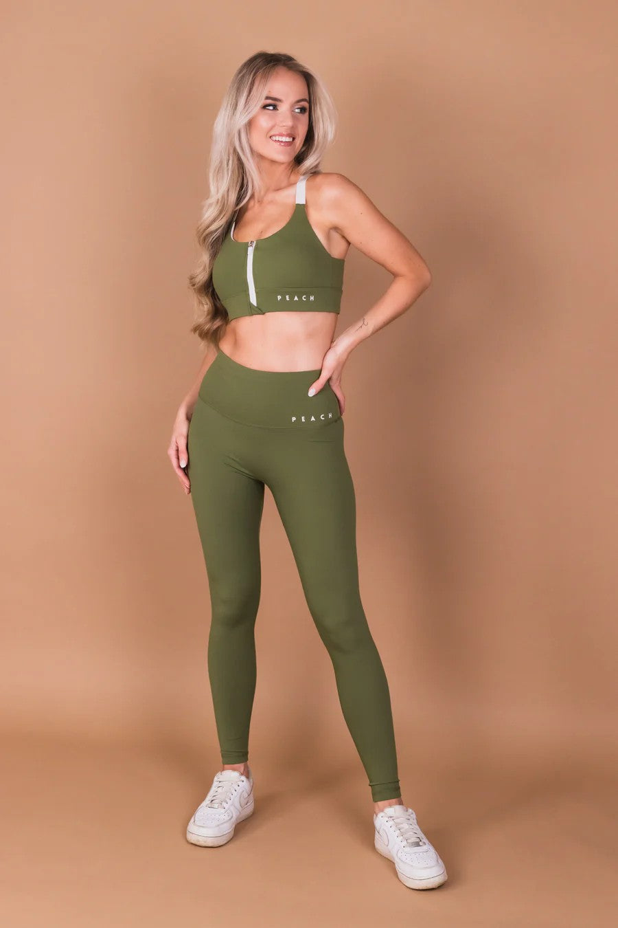 Olive Green Front Zip Sports Bra