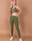 Olive Green Front Zip Sports Bra