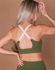 Olive Green Front Zip Sports Bra