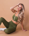 Olive Green Front Zip Sports Bra