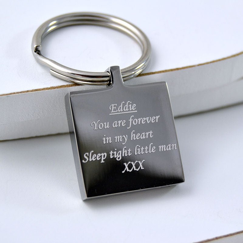 Engraved Square Keychain – Custom Photo Keyring With Mirror Finish &amp; Velvet Pouch