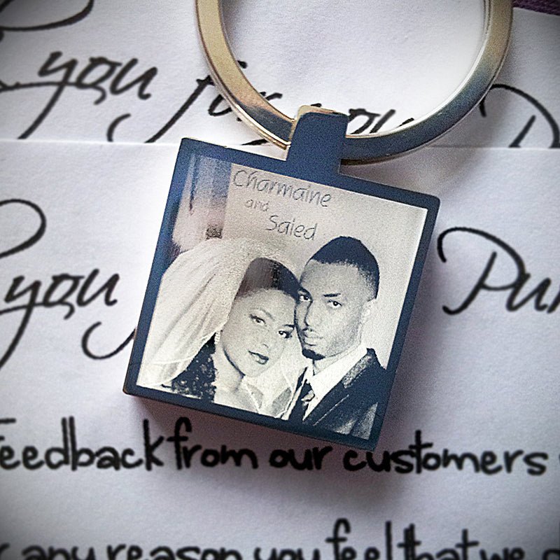 Engraved Square Keychain – Custom Photo Keyring With Mirror Finish &amp; Velvet Pouch