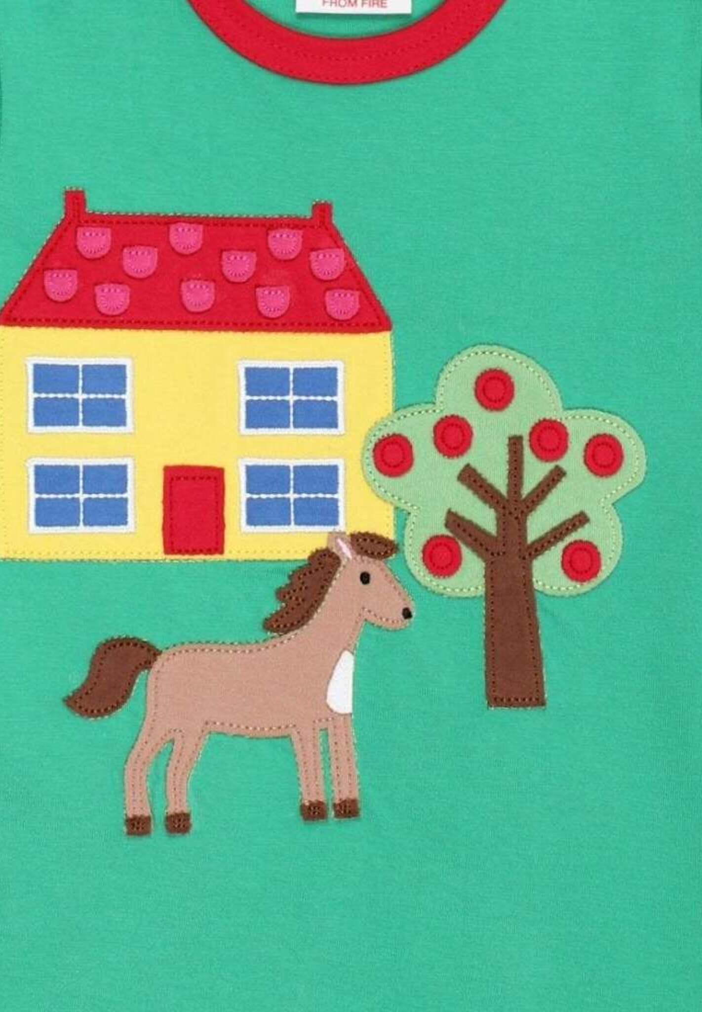 Premium Green Organic Cotton T-Shirt with Farmhouse Applique, Red Trim, and Snap Buttons for Easy Dressing by Toby Tiger at brixbailey.com