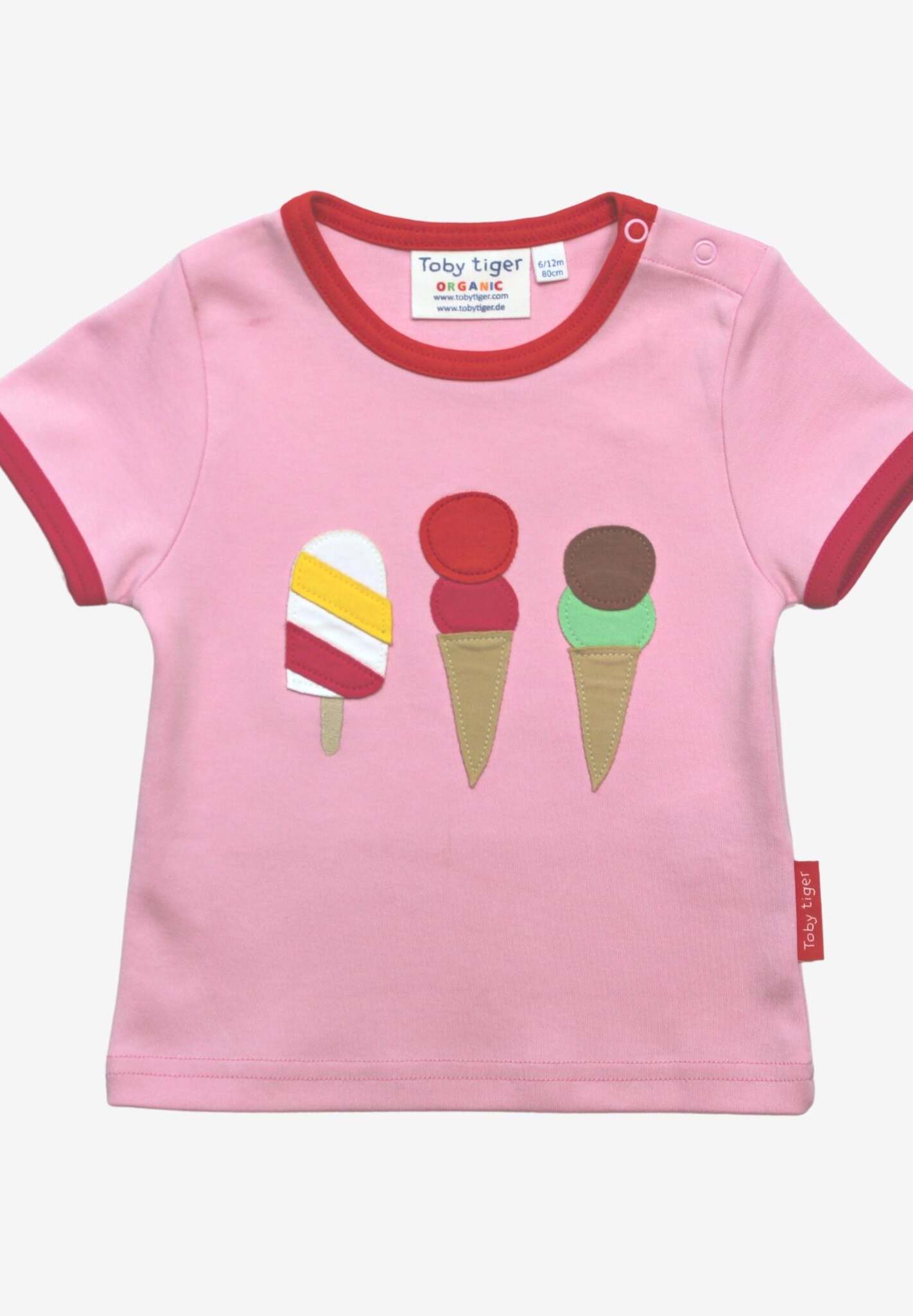 Luxury organic cotton kids t-shirt with ice cream applique, soft pink summer top, trendy bio-certified short sleeve tee by Toby Tiger at brixbailey.com